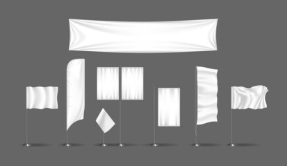 Realistic tissue banner and flag for advertising template set. Advertisement promo poster on pillar