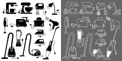 Collection de pictogrammes de petits électro-ménagers sous forme de silhouettes noires ou de trait blanc.