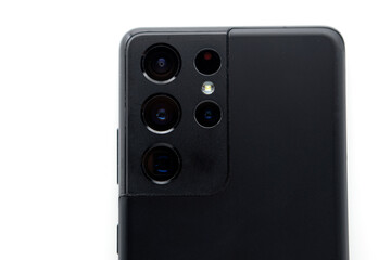 black phone and multiple cameras isolated on white background