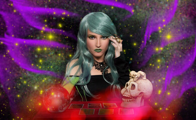 Psychic with green hair Crystal Ball and tarot cards
