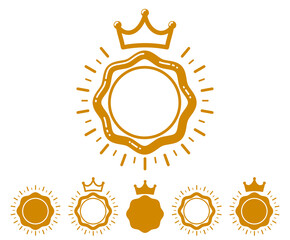 Vector round shaped stamps or stickers set isolated over white, classical badges or icons, logotypes design in old retro style, simple icons template with blank space.