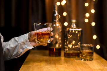 Bartender Serve Whiskey, on wood bar, 
