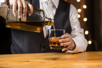 Bartender Serve Whiskey, on wood bar, 