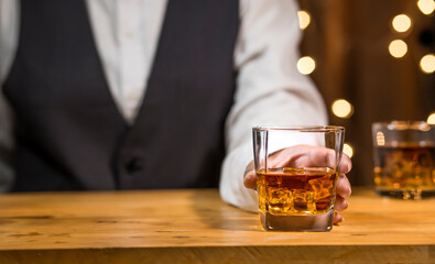Bartender Serve Whiskey, on wood bar, 