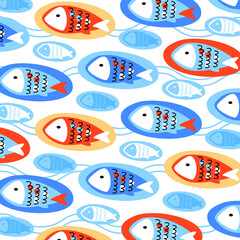 Fish pattern. Multicolored fish on multicolored ovals, waves on a white background. Stylized underwater world. Flat vector illustration.