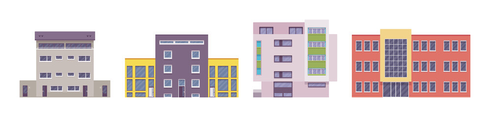Multi storey apartment building set, modern elevation design. Residential project for contemporary city living, commercial use or office building. Vector flat style cartoon illustration, modular units