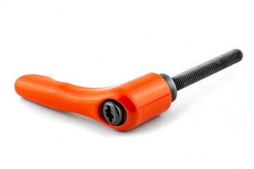 Macro photo of an orange clamping lever with black thread, isolated on a white background.