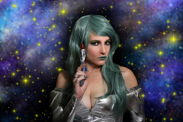 Alien Woman With Green Hair and Ray Gun Science Fiction Style