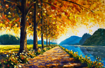 Sunny landscape oil painting on canvas