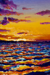 Vertical impressionism painting Beautiful sunset over the sea. Sea waves and warm sun in the evening sky