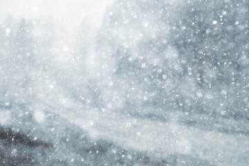 Fototapeta premium winter highway snowfall background fog poor visibility