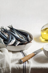 fresh raw fish, Garfish, sardines with lemon and salt on kitchen, close up modern shot, harsh sun light