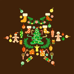 Christmas set of decorative elements in the shape of a star. Christmas toys, xmas tree, socks, balloons, toys, garlands, gifts.New Year's card