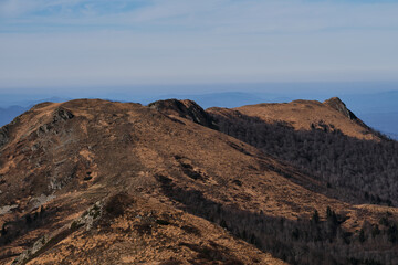 Silhouettes of mountains and dark forest in background. Wildlife untouched by man is beautiful. Beautiful view of mountain landscape and autumn valley in national park.