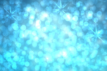 Abstract blurred festive delicate winter christmas or Happy New Year background texture with shiny light turquoise blue and bright bokeh lighted stars and snowflakes. Card concept.