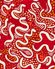Ethnic African or Australian Wavy Seamless Pattern. Red Hand Drawn with a Brush Ribbons, Dots and Stripes. Trendy Vector Design for Fabric, Wrapping Paper, Gift Cards etc.