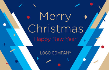 Blue Christmas tree on a white background. New Year's greeting banner or card. Christmas design template with a window for text. Vector flat. Horizontal format - 467910975
