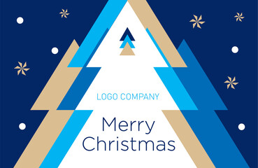Christmas greeting banner or card. White Christmas tree on a dark blue background. New Year's design template with a window for text. Vector flat. Horizontal format - 467910990