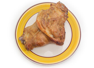 Top view of baked ham hock on the big dish