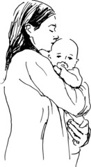 Hand sketch of mother with baby. Vector illustration