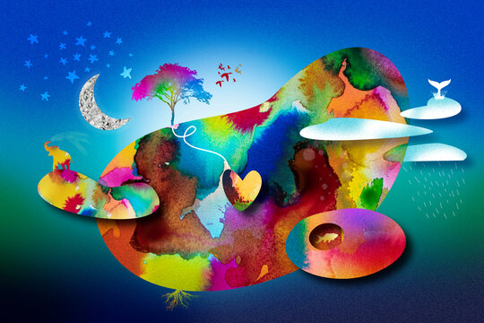 Ilustración técnica mixta muy colorida que representa el surgir de la vida de una célula y su relación con la ecología