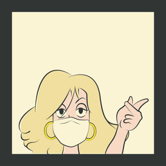 Sexy blonde in a medical mask points with her hand to the exit. 