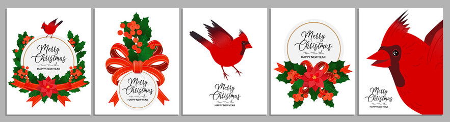 Christmas Greeting Cards template set with holly wreath, red cardinal bird, poinsettia flower, red satin ribbons and copy space. Universal artistic holidays xmas card templates.