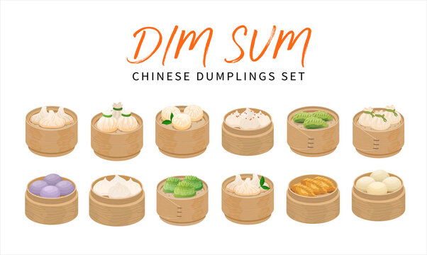 Set of isolated Dim Sum dumplings in bamboo steamer baskets. Vector illustrations of asian chinese dishes isolated on white background