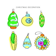 Christmas decoration line vector. Isolated icon set. Outline symbol collection. Vintage background.  Traditional holiday symbol.