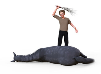 Beating a dead horse. Illustrated english expression for wasting time on lost cause.