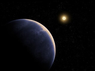 Earth-like planet near the star. Super-earth with atmosphere near the sun 3d illustration.