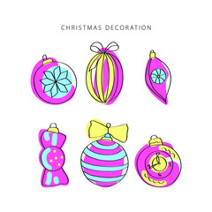 Christmas decoration line vector. Isolated icon set. Outline symbol collection. Vintage background.  Traditional holiday symbol.