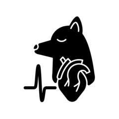 Pet heart disease black glyph icon. Cardiovascular pet diseases. Pumping blood trouble. Artery system problems. Heart failure. Silhouette symbol on white space. Vector isolated illustration