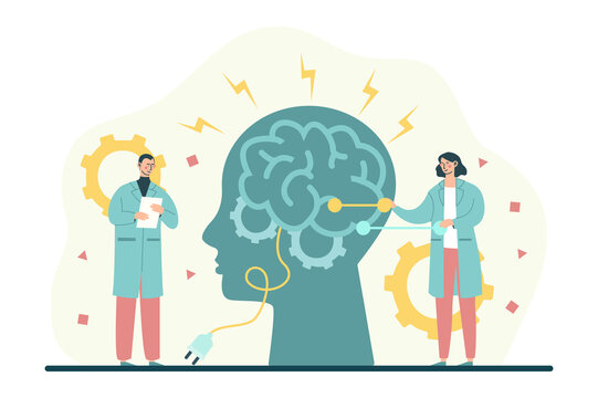 Inspiration and memory improvement. Specialists examine head. Employees near silhouette. Metaphor of scientific activity. Patient came to doctors, treatment. Cartoon flat vector illustration