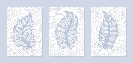 Fototapeta na wymiar Set of three abstract posters. Blue decorative fluffy feathers on a white striped background of thin lines. Stylish decoration of the interior of an office, apartment, studio. Vector illustration.