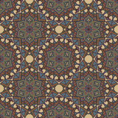 Abstract seamless mandala background. Texture in blue and beige colors. Oriental pattern for design, fashion print, scrapbooking