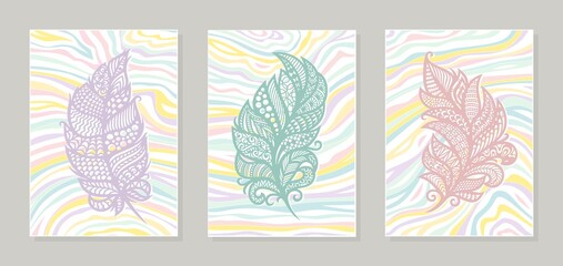 Fototapeta na wymiar Set of three paintings. Lace leaves, openwork feathers, creative ornament on a fun multicolor striped background. Collection of posters to decorate the interior of office, apartment, children's room.