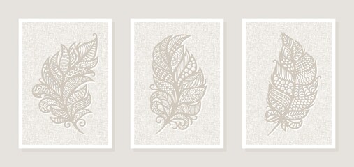 Fototapeta na wymiar Set of three paintings. Lace feathers, interesting ornament, pattern on linen canvas background. Collection of posters in light soothing colors to decorate the interior of office, studio, apartment.