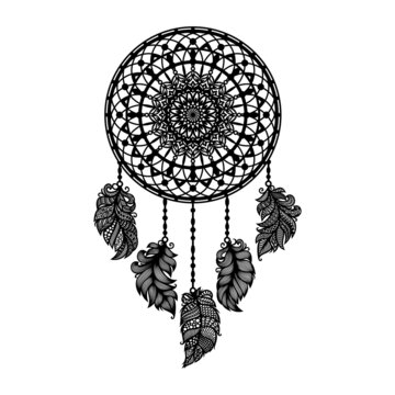 Decorative dream catcher. Indian traditional amulet against evil spirits. Round openwork element decorated with beautiful feathers. Black isolated object on a white background. Vector illustration.