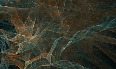 Elegant fantastic space of multilayered hazy cobweb in blue orange hues. Artistic digital 3d illustration of dynamic chaotic motion of smoke or substances with swirls and gluey texture. For design.