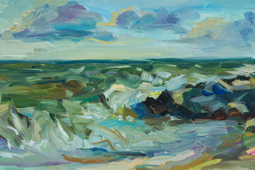 Sea oil painting. Abstract turquoise seascape. Impressionism, plein-air sketch, original work. The concept of summer, recreation. Artistic pictorial background for creative design of postcards, covers
