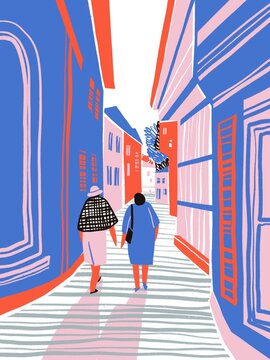 City tour illustration. Crowd of tourists in the old town. Abstract cartoon flat style. Time to travel. Panoramic architecture. travel concept. Poster wall.