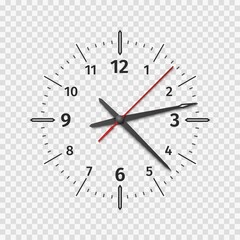 Clock face mockup. Realistic quartz watch with hour and minute hands. Round divisions with second arrow and numbers. Time passage. Timepiece on transparent background. Vector concept