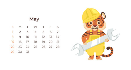 Cute cartoon tiger May 2022 calendar horizontal template.