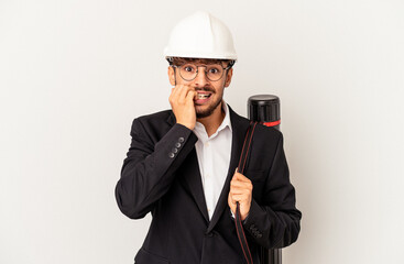 Young mixed race architect man wearing a helmet isolated on grey background biting fingernails, nervous and very anxious.