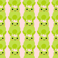 Obraz na płótnie Canvas Cute smiling frogs with pink cheeks. Enamored green toads. Vector animal characters seamless pattern of amphibian toad drawing.Childish design for baby clothes, bedding, textiles, print, wallpaper.