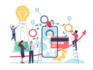 Fototapeta premium People with money. Investing in idea. Finance transfer. Profitable startup. Successful businessmen. Chain monetary transactions. Banking application. Financial growth. Vector concept