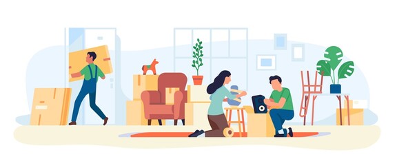 Packing home things. Married couple puts furniture in boxes. House moving. Family relocation preparation. People sort household. Property transportation and delivery. Vector concept