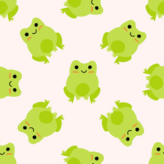 Cute smiling frogs with pink cheeks. Enamored green toads. Vector animal characters seamless pattern of amphibian toad drawing.Childish design for baby clothes, bedding, textiles, print, wallpaper.