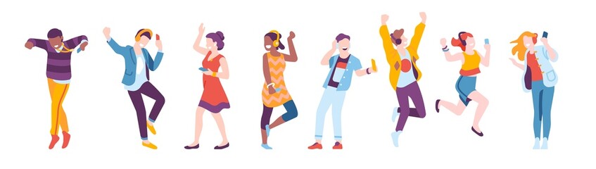 Obraz premium People with headphones. Young characters in active poses, dancing boys and girls have fun, students listen melodies, smartphone music and podcast app vector cartoon isolated set